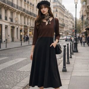 NWT TravelSmith Two-Tone Brown & Black 3/4 Sleeve Square Neck Dress, Size M